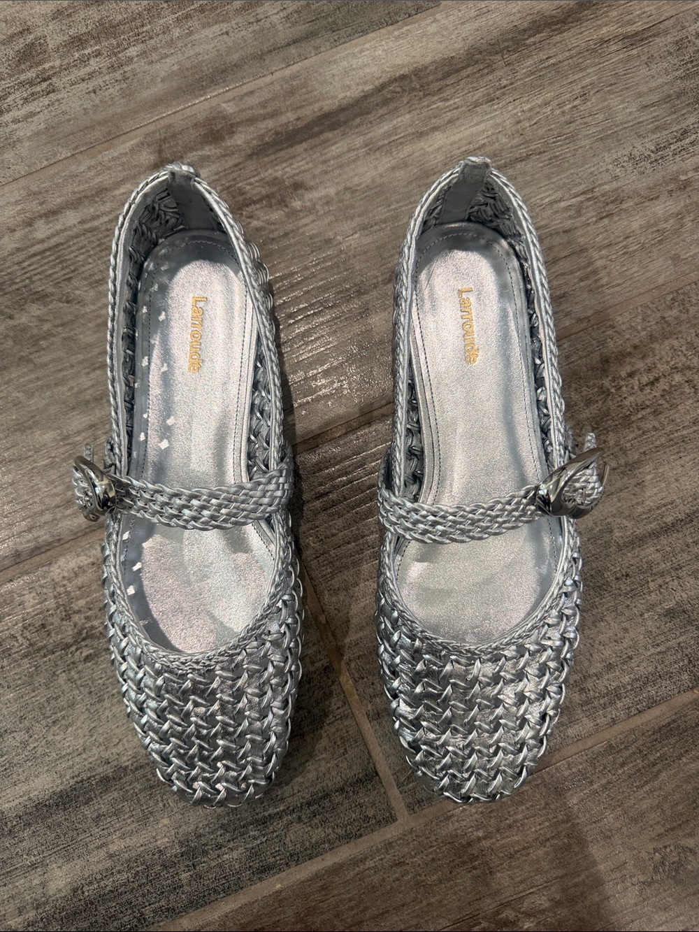 Larroude Silver Woven Mary Jane Flats with Braided Strap